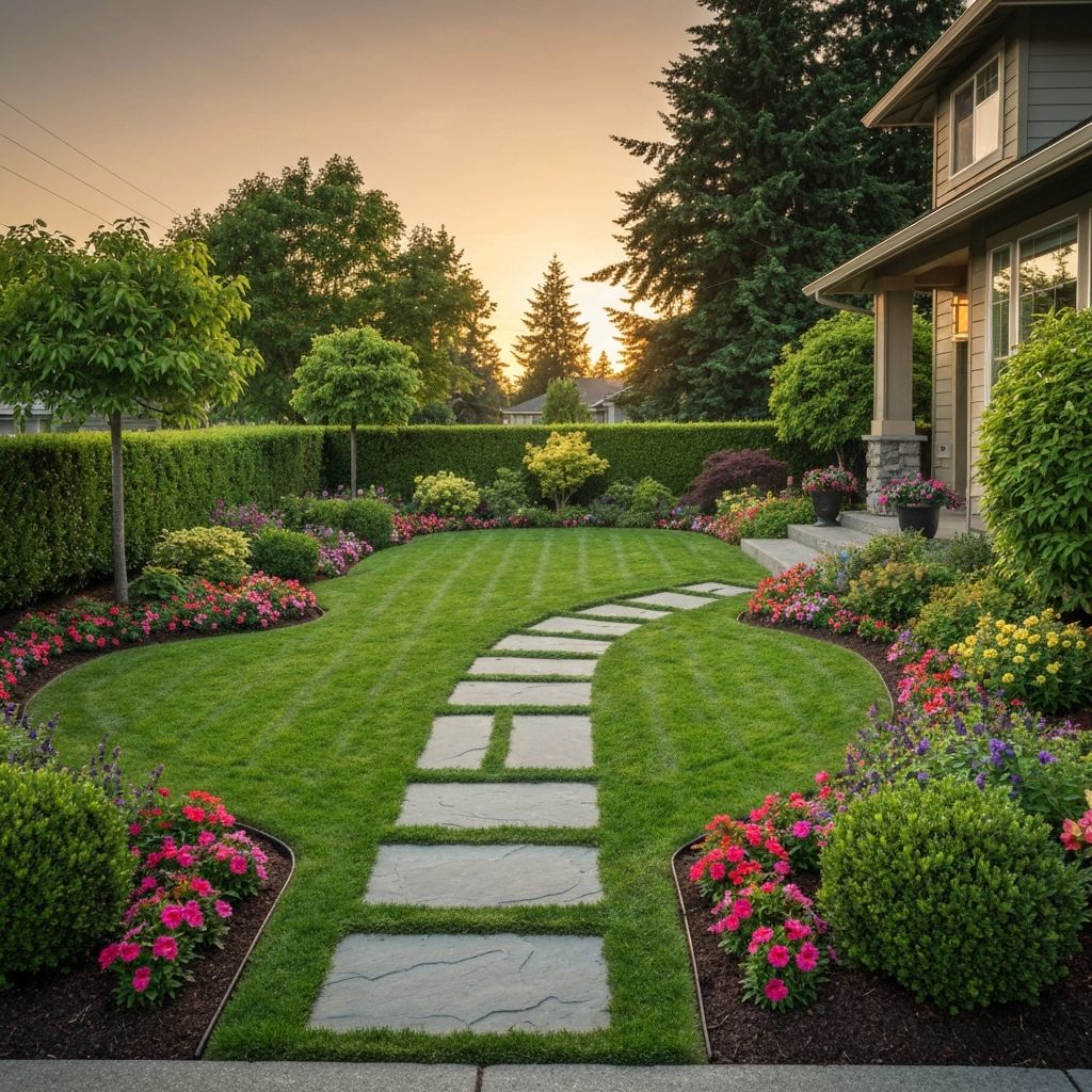 Beautifully landscaped front yard with lush lawn and flower beds